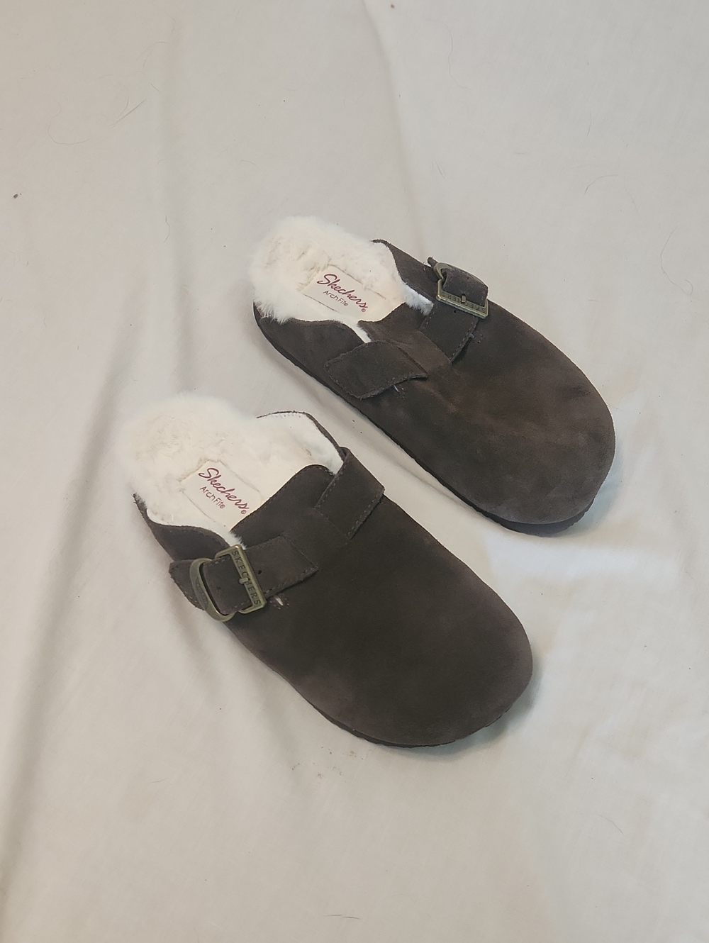 Skechers Dark Brown Faux-Shearling Buckle Clogs